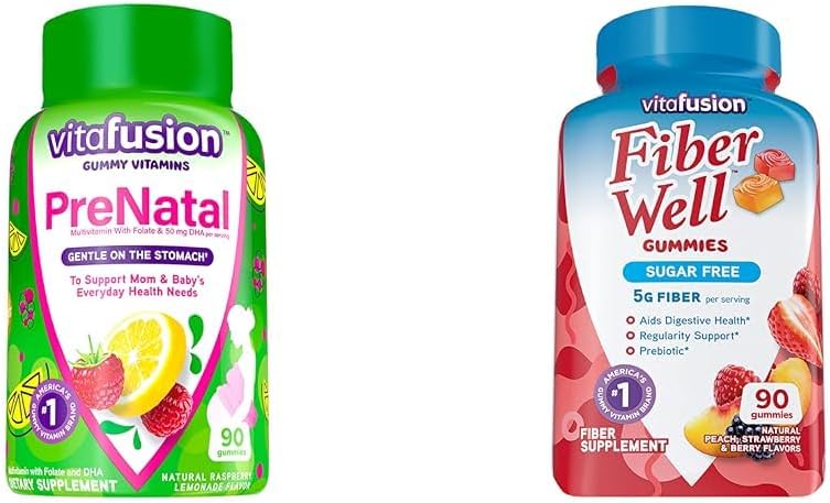 Vitafusion Προγεννητικές Βιταμίνες Gummy, Λεμονάδα Βατόμουρο Γεύση, Εγκυμοσύνη Βιταμίνες για τις γυναίκες & Ίνες Well Συμπλήρωμα Χωρίς ζάχαρη, Ροδάκινο, Φράουλα και BlackBerry Γεύση