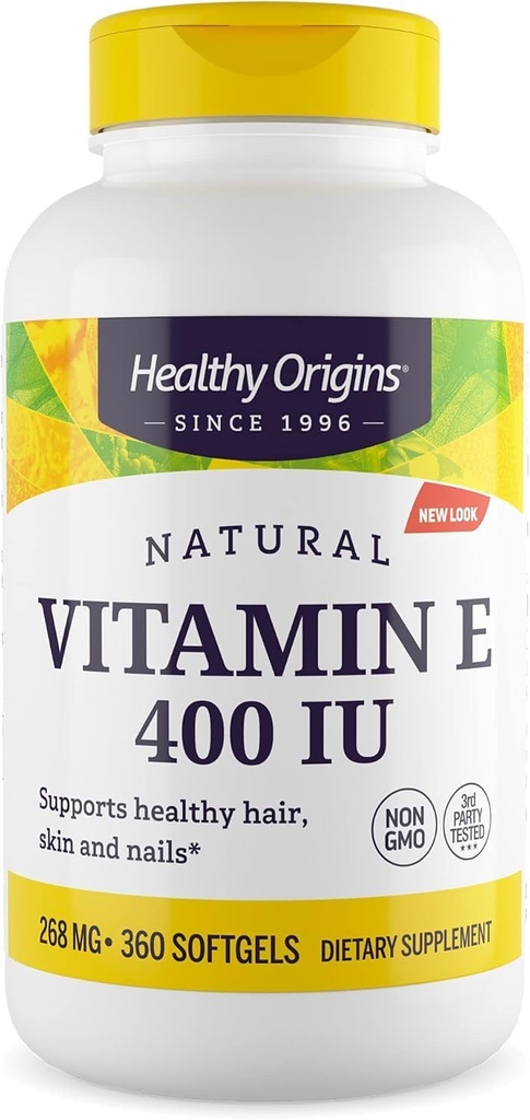 Sağlıklı Origins Vitamin E 400 IU (Doğal, Non-GMO, Gluten Free, Skin Support, Cardiovascular Support), 360 Softgels