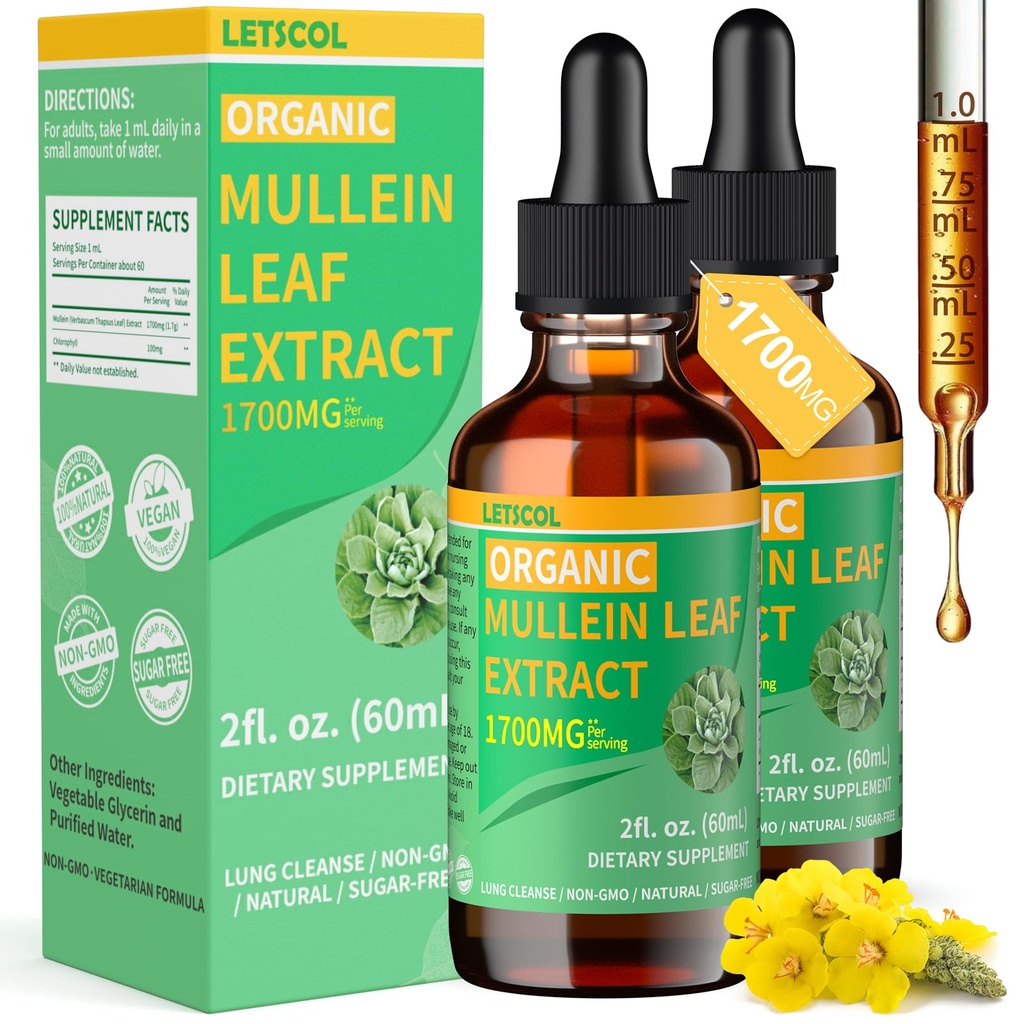 Lung Cleanse için Organik Mullein Drops, Immune & Respiratory Desteği için Güçlü 1700 mg Mullein Leaf Ekstraksiyon, Doğal Mullein Supplement Tincture Drops Non-GMO & Vegan, 2 Fl Oz Oz