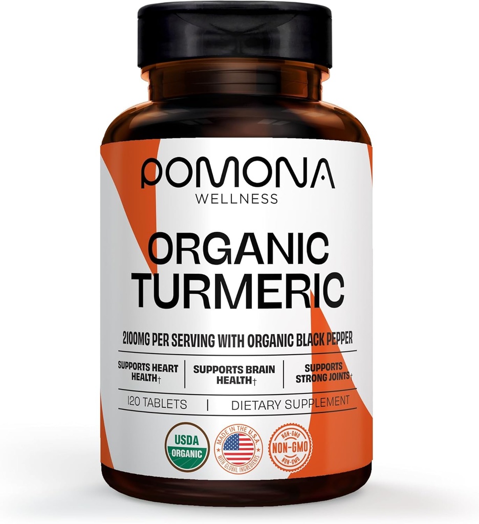Pomona Wellness Organic Turmeric Supplement 2100 mg, USDA Organic, Non- GMO, Vegan, Turmeric Curcumin with Black Pepper for Absorvation, for Joint Support and Inquinity, 120 Tablets