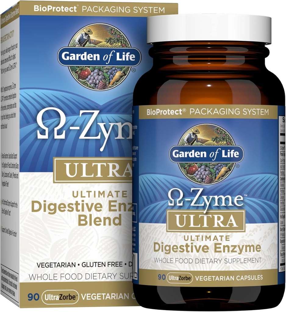 Life Vegetarian Digestive Supplement Capsules, Omega Zyme Ultra Enzyme Mix for Digestion, Bloating, Gas and IBS, Unflavored, 90 Count