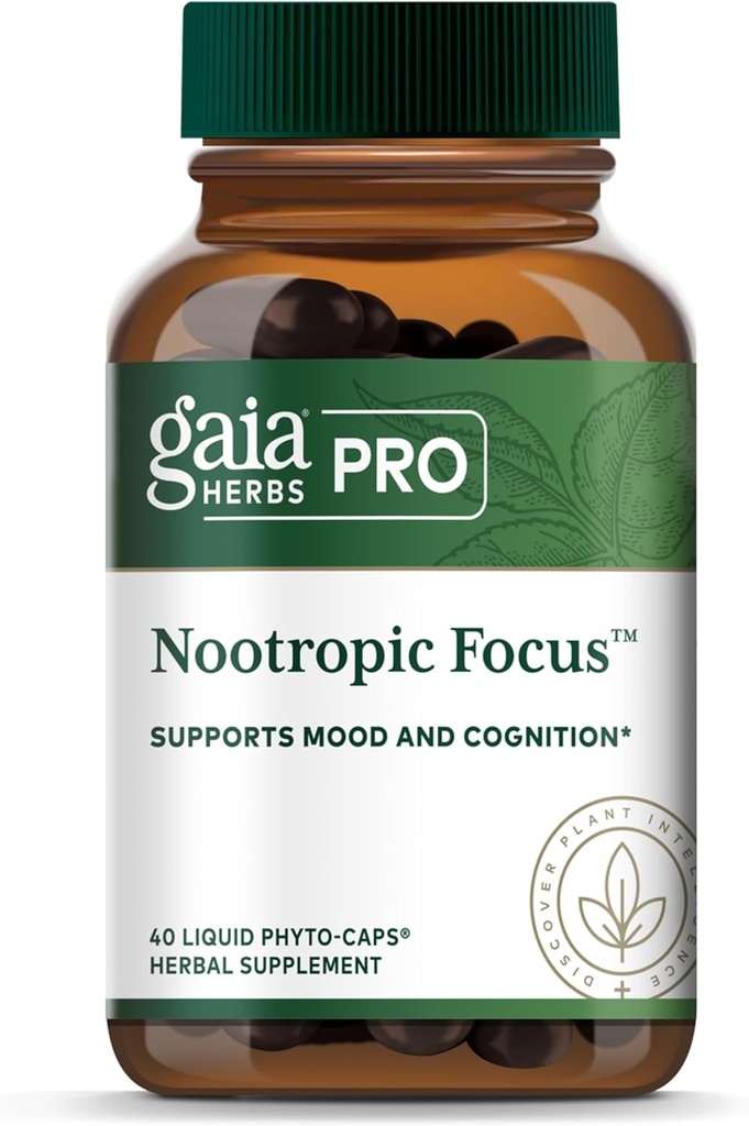 GAIA HERBS PRO Nootropic Focus - Brain Health Support Supplement* - Nootropic Supplement with Saffron, Ginkgo Leaf Extract & Lemon Balm - Vegan, Gluten-Free - 40 Liquid Phyto-Caps (20 Servings)
