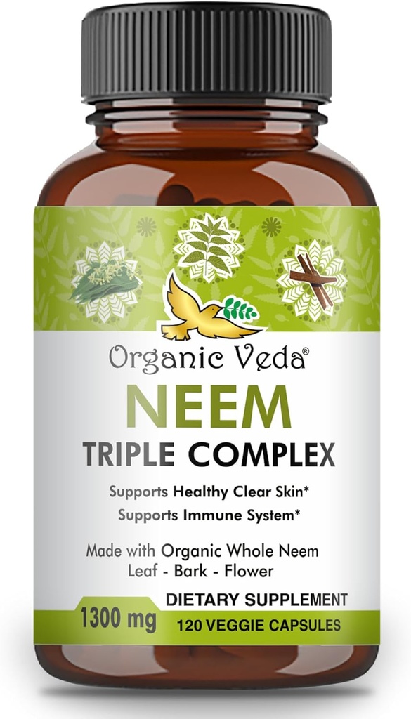 Organik Veda Neem Capsules with Triple Complex Neem Leaf Extract, Bark & Flower - Herbal Supplement Boosts Immunity, improves Digestion, Skin Health & Support Cleansing - 120 Count