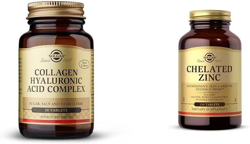 SOLGAR Collagen Hyaluronic Acid Complex, 30 Tablets - Υδρολυμένο Κολλαγόνο Τύπου 2 - Βοηθά & Chelated Zinc, 250 Tablets - Ψευδάργυρος για Υγιή Δέρμα - Υποστηρίζει την ανάπτυξη κυττάρων & DNA Σχηματισμό
