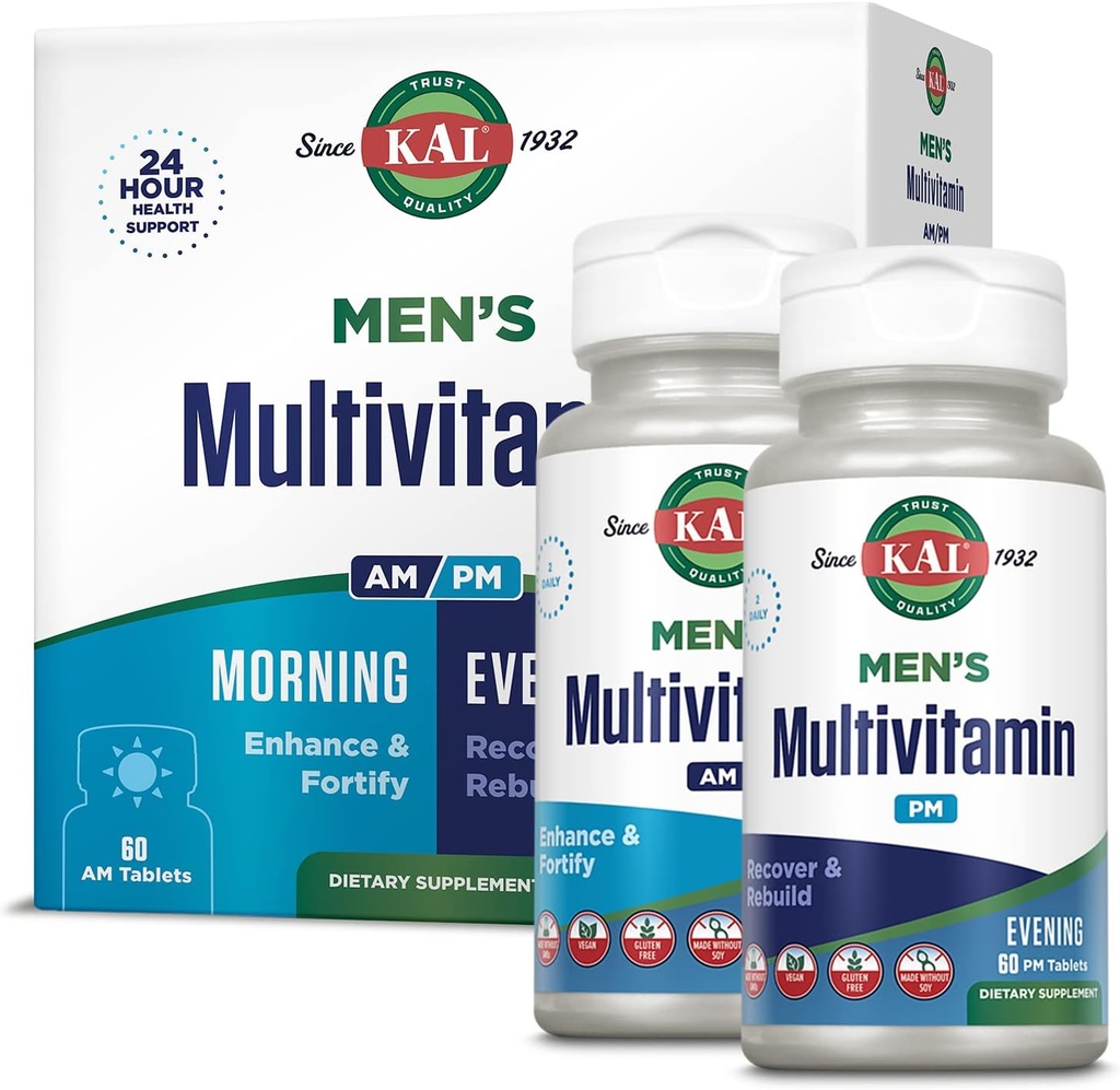 KAL Men's Multivitamin AM/PM, Antioksis Supplement, Muscle, Immune, Electrolyte Balance, Genel Wellness Desteği, Made Without GMOs and Soy, Vegan, 30 Hizmet, 120 Tablet