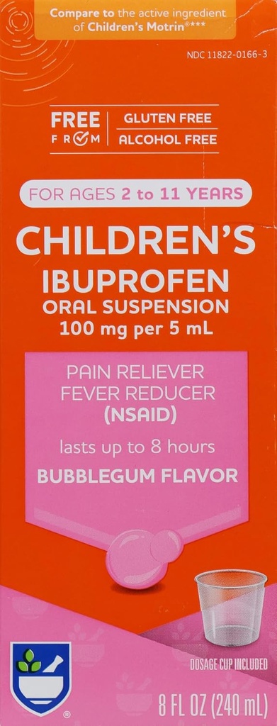 Rite Aid Children's Ibuprofen, 2-11, Bubble Gum - 8 oz | Çocuklar Ağrı Reliever & Ateş Tespiti | Çocuklar için 2 ila 11 Yıl | Ibuprofen Oral Suspension 100 mg/5 mL | Alkol Free & Gluten Ücretsiz
