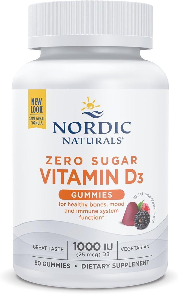 Nordic Naturals Zero Sugar Vitamin D3 Gummies, Wild Berry - 60 Gummies - 1000 IU Vitamin D3 - Büyük Tadı - Sağlıklı Bones, Mood & Immune System Function - Non-GMO - 60 Hizmetler