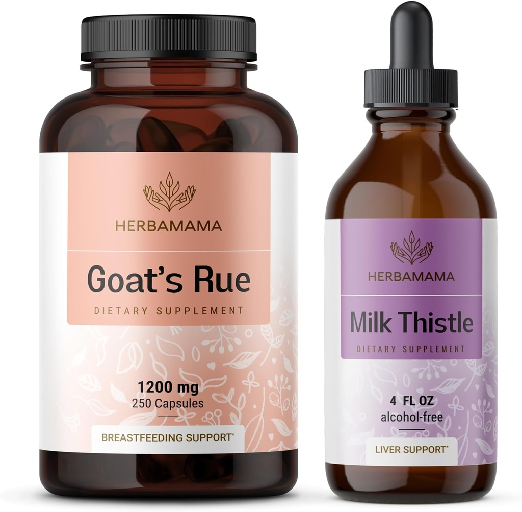 HERBAMAMA Goat'ın Rue ve Milk Butle Kit - 1200 mg Goat'ın Rue Capsules & Milk Butle Liver Detox Drops 4 fl oz - Vegan, Non-GMO, Sugar & Alkol-Free - 2 Pack