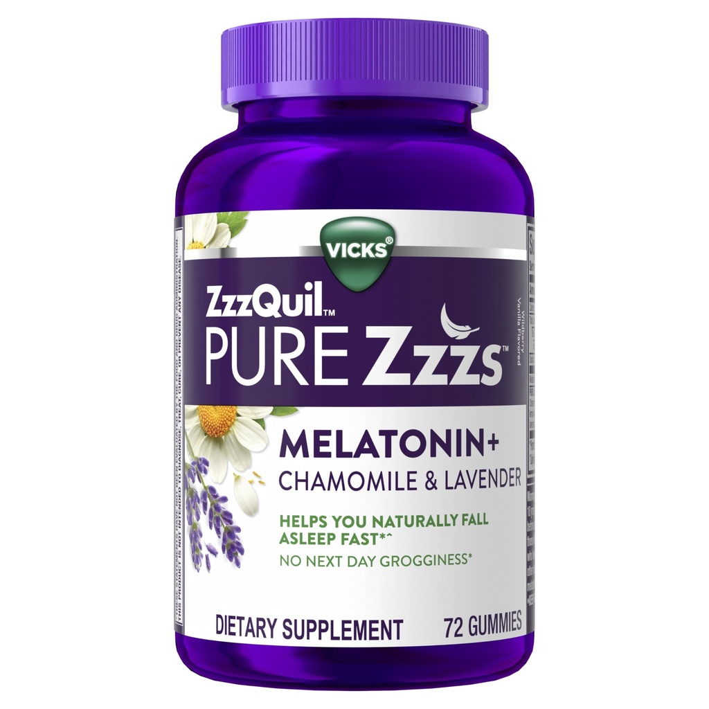 ZzzQuil PURE Zzzs Melatonin Gummies, Sleep Aid, Melatonin 2 mg, Chamomile & Lavender, Melatonin Sleep Gummies, Sleep Aids for Yetişkinler, Wildberry Vanilla Flavored, 72 Sleep Gummies