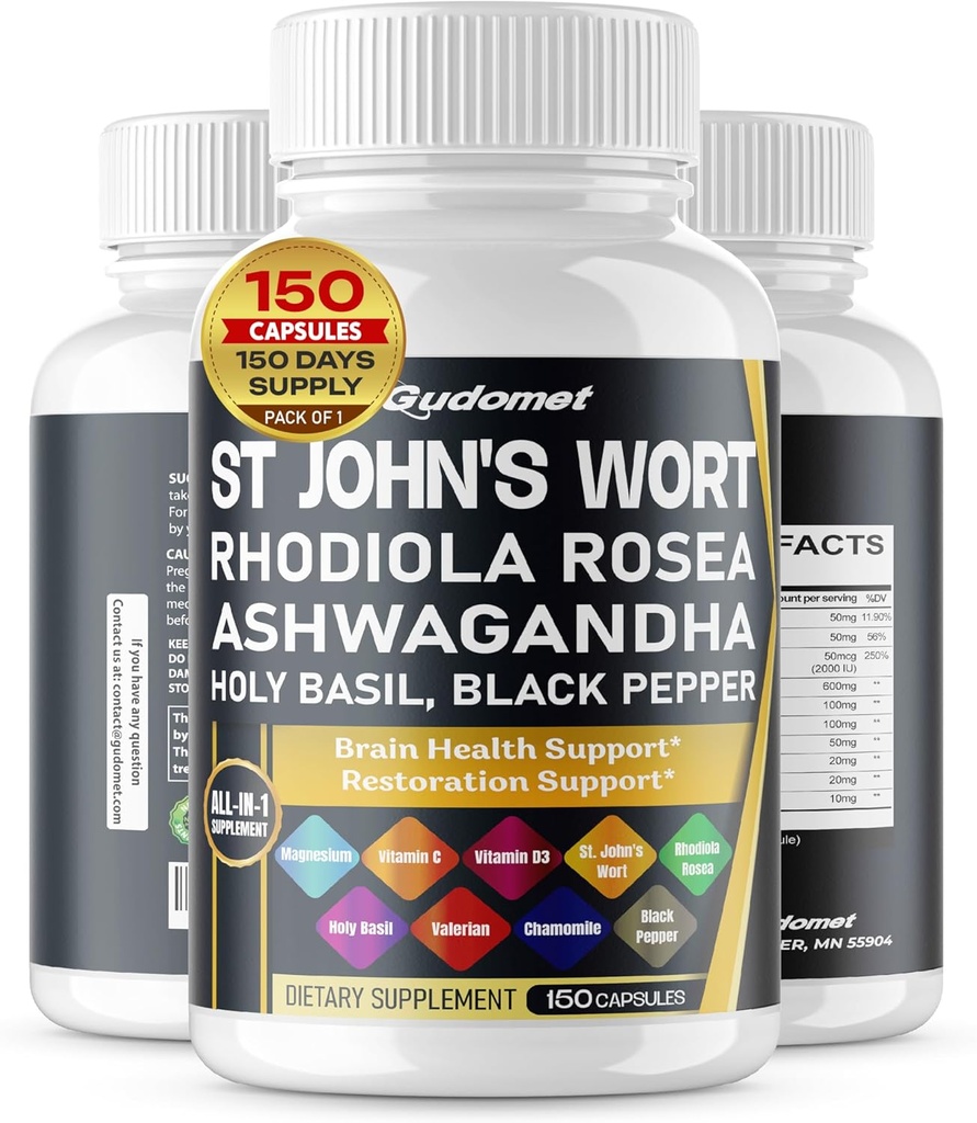 St. John's Wort Rhodiola Rosea Ashwagandha Holy Basil Chamrian Chamomile Black Pepper -150 Capsules- Made in USA