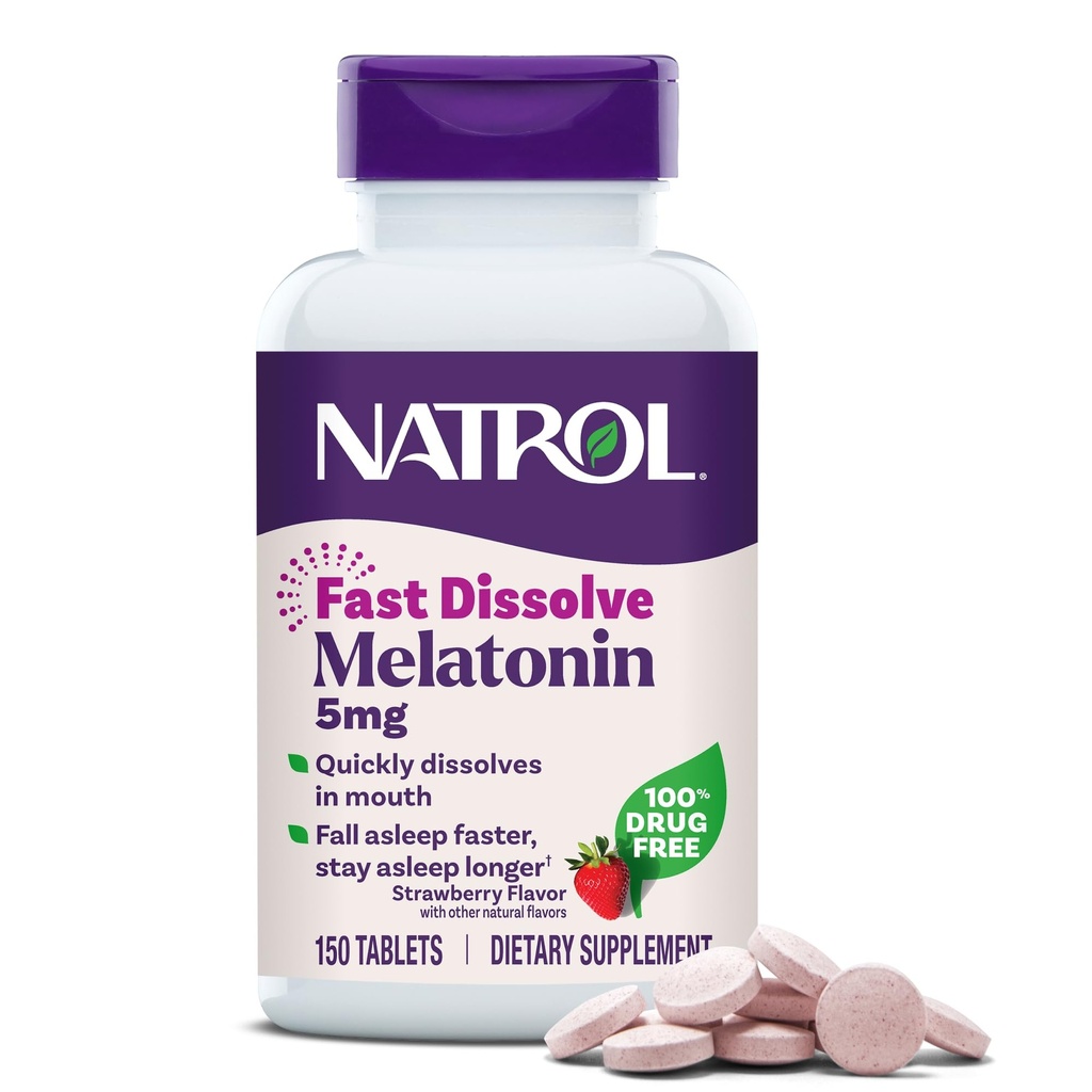 Natrol Melatonin 5mg Fast Dissolve Tablets, Sleep Support Supplements for Adults, Strawberry Flavor, 150 Tablets, Up to 150 Day Supply