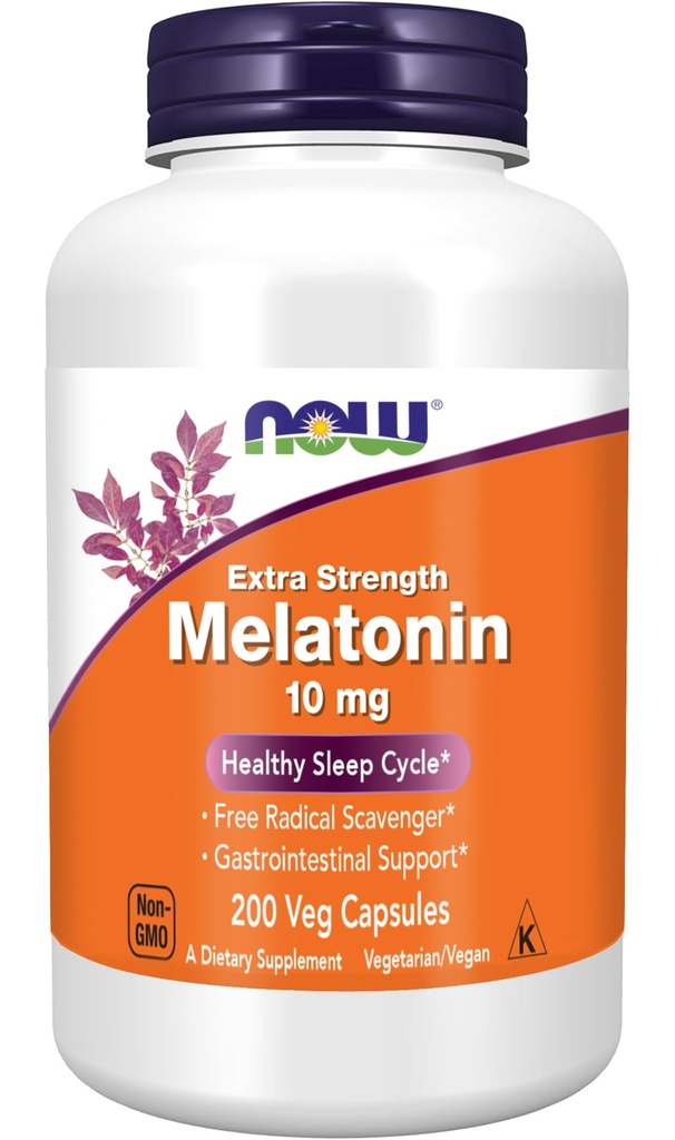 NOW Συμπληρώματα διατροφής, μελατονίνη, Extra Strength 10 mg, Free Radical Scavenger*, Healthy Sleep Cycle*, 200 Veg Κάψουλες