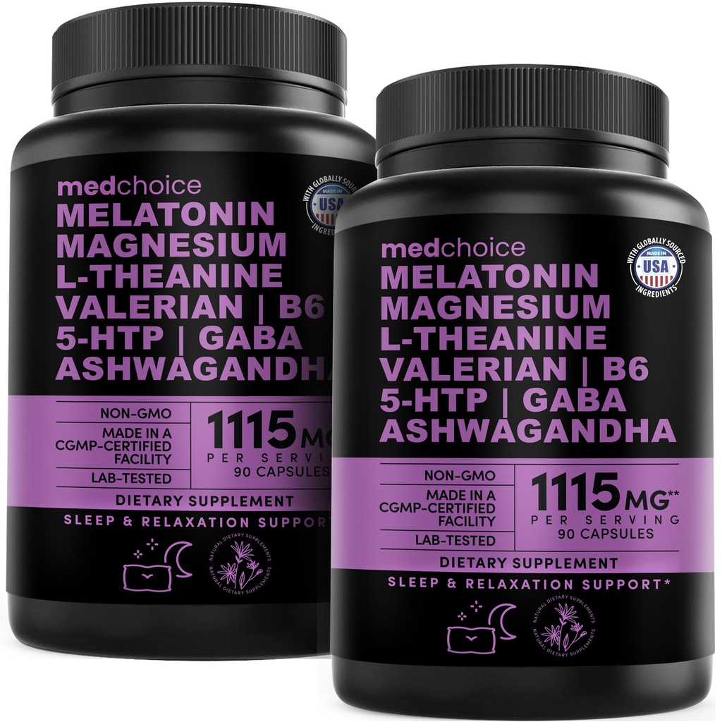 12in-1 Melatonin Sleep Capsules - Melatonin 5 mg ve Magnezyum Glycinate 500 mg ile Yetişkinler için Doğal Uyku Aids, L Theanine, Valerian Root, GABA, 5-HTP (90ct, Pack of 2)