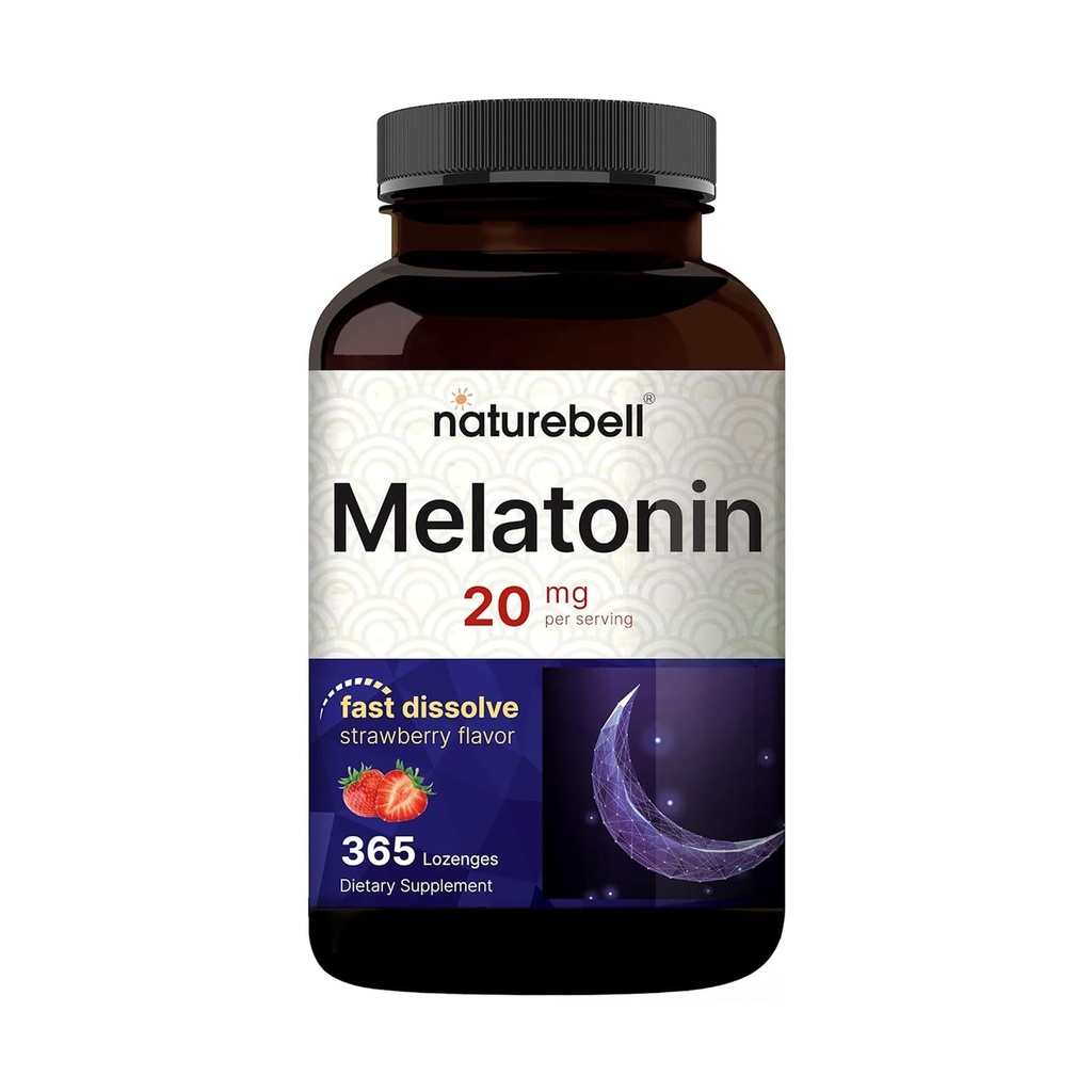 NatureBell Melatonin 20 mg - 365 Lozenges - Daily Sleep Support for Yetişkinler - Bedtime Supplement for Nighttime Relaxation Support* - Dissolves Fast