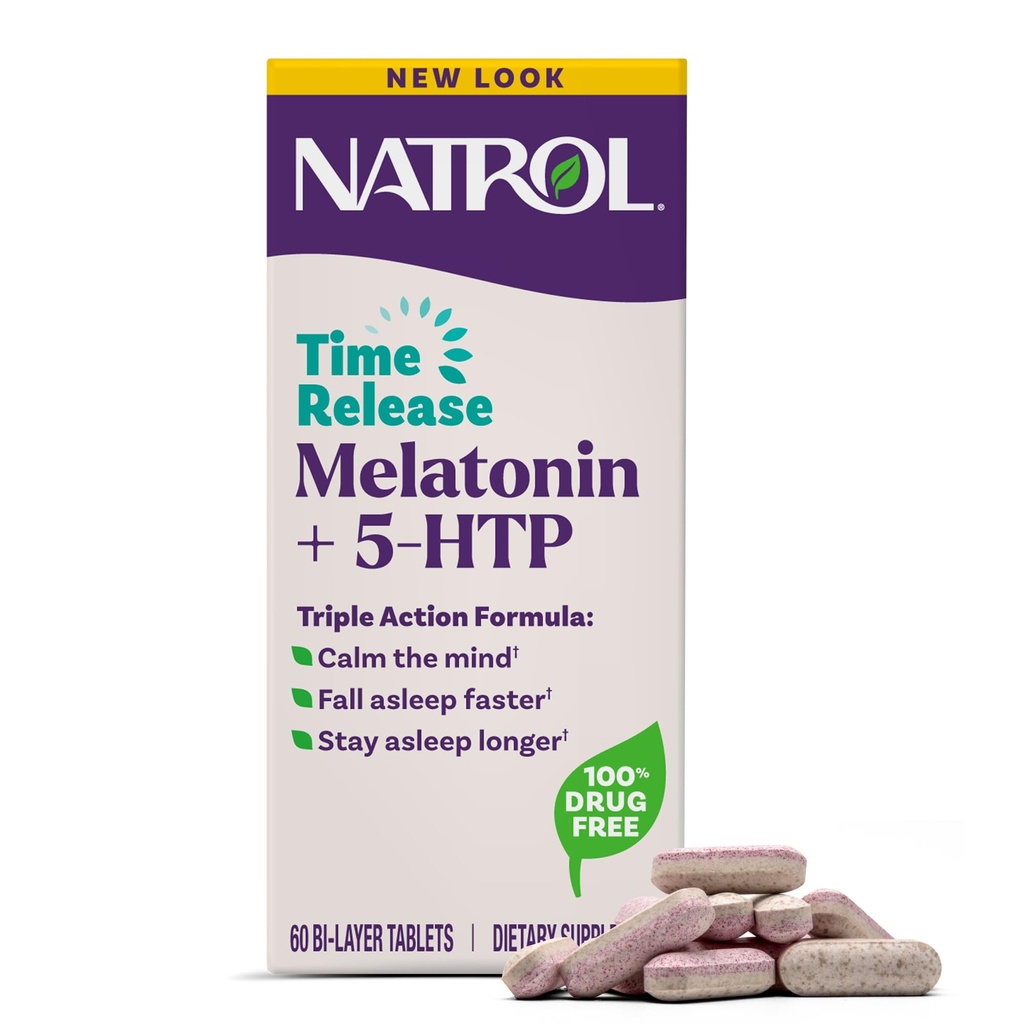 Natrol Melatonin + 5-HTP Zamanlı Uyku Yardımı, Triple Action Formula, Calm the Mind, Fall Asleep Faster and Stay Asleep Longer, 60 Bi-Layer Tabletleri, 60 Gün Supply
