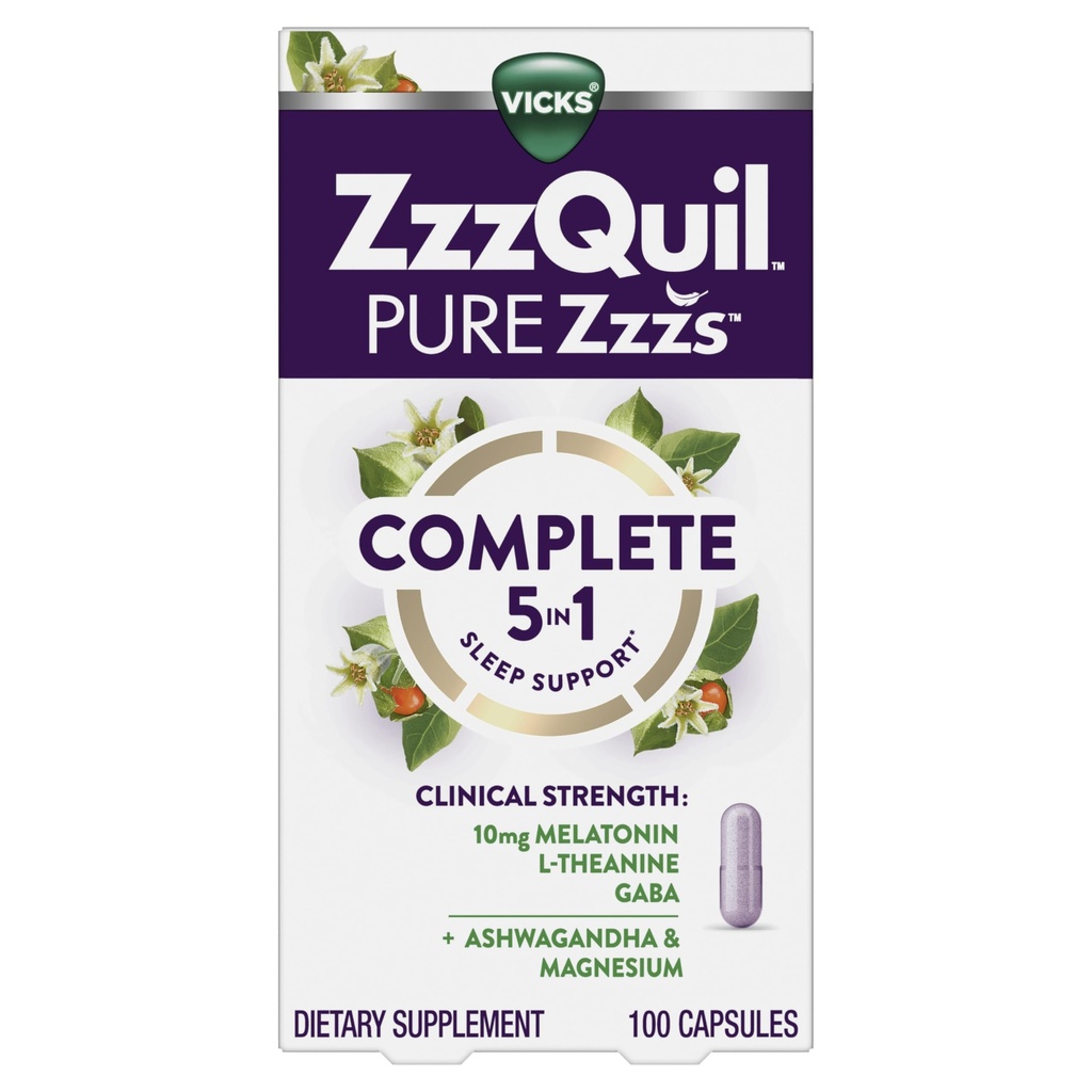 ZzzQuil Pure Zzzs Complete Sleep, Melatonin 10mg, L-Theanine, GABA, with Ashwagandha, and Magnesium, Melatonin Sleep Aid, 100 Count