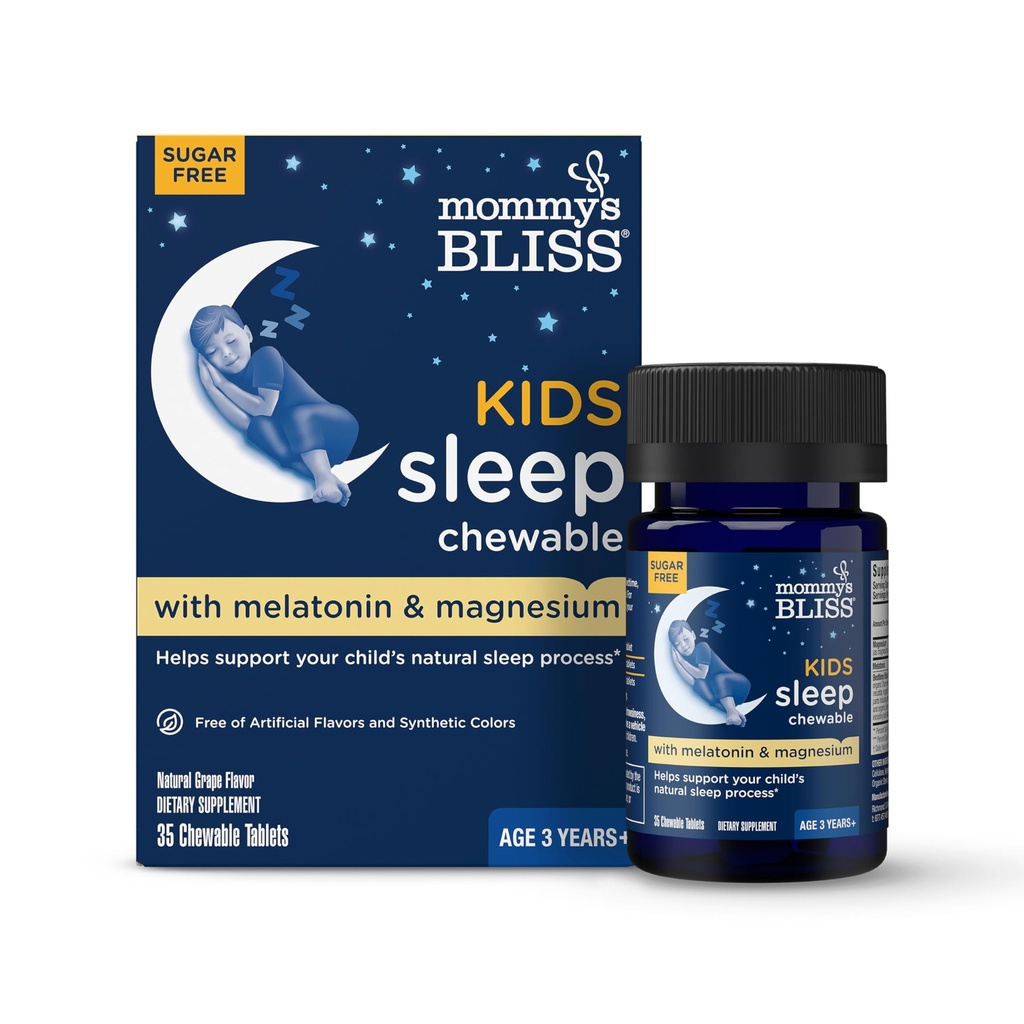 Mommy's Bliss Kids Sleep Chewable Tables, Melatonin, Magnesium & Calming Herbs, Grape Flavor, Sugar Free Kids Μελατονίνη, Ηλικία 3+ (35 Services), 35 Count (Pack of 1)