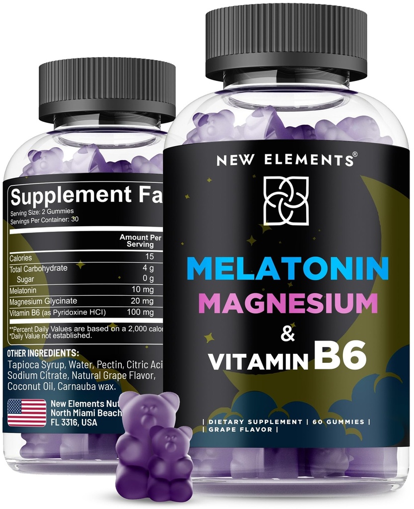 Yeni Elements Melatonin Gummies 10mg with Magnezyum Glycinate & Vitamin B6 | Uyku Desteği, Rahatlama ve Stres Yardımı | Non-GMO, Gluten-Free | Great-Tasting | Natural Grape Flavor