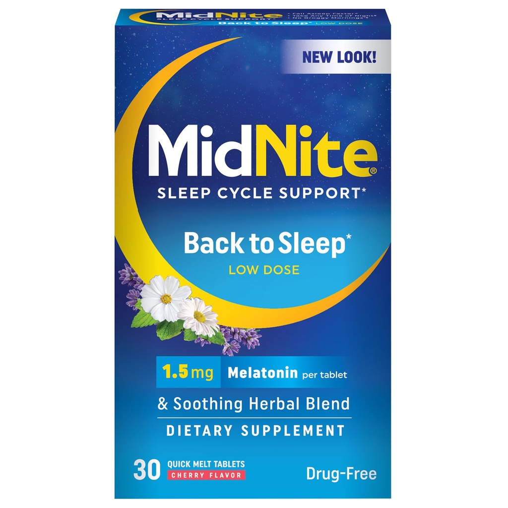 MidNite Back to Sleep Low Dose, 1.5 mg Melatonin Sleep Aid, Non-Habit Form, Herbal Diyeter Supplement for Yetişkinler, Drug-Free, Gluten-Free, Lactose-Free, Vegetarian, Vegan, 30 Hızlı Melt Tabletleri