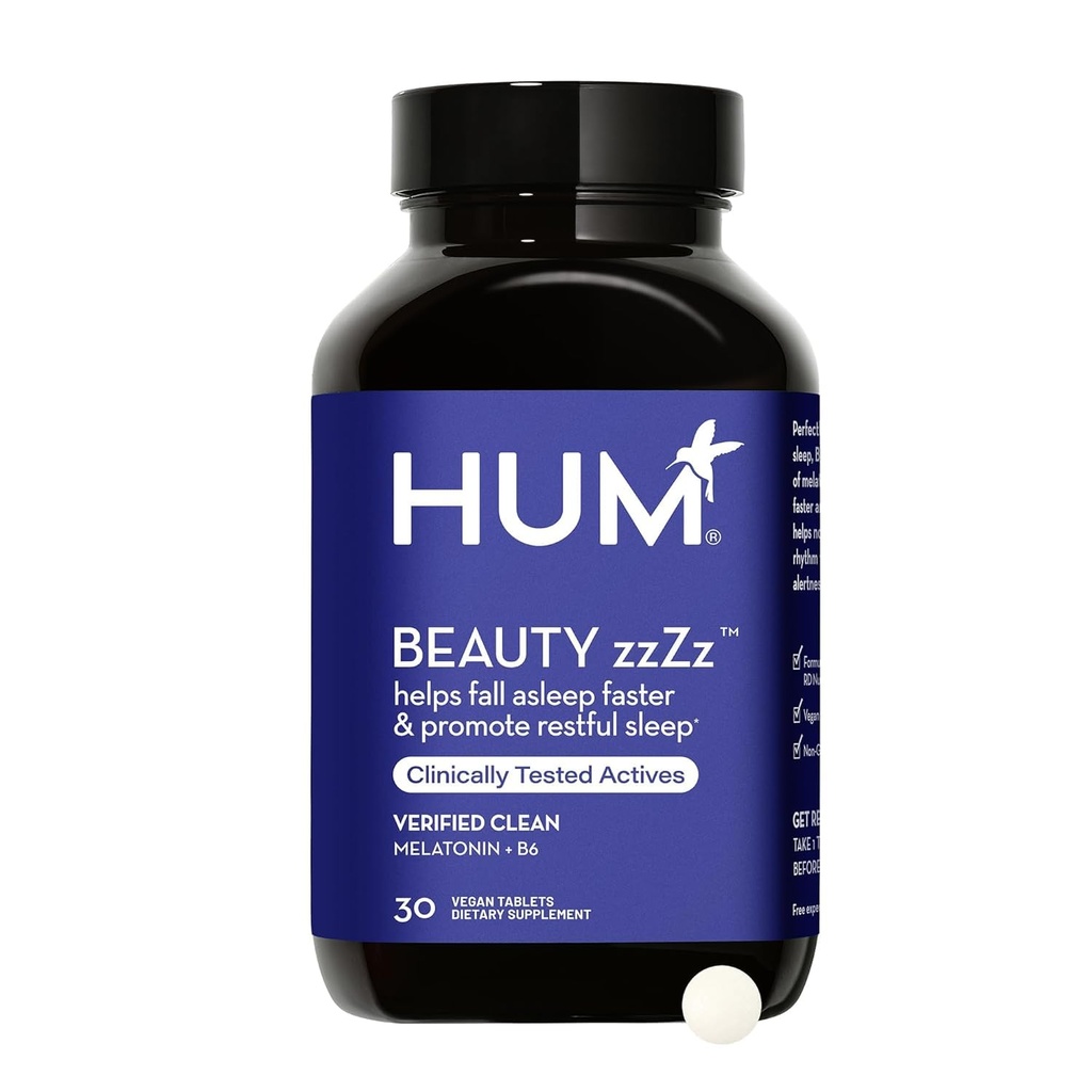 HUM Beauty zzZz Μελατονίνη συμπλήρωμα ύπνου για ενήλικες με μελατονίνη 3mg, βιταμίνη Β6 και ασβέστιο, Vegan, χωρίς γλουτένη, μη ΓΤΟ δισκία υποστήριξης ύπνου για ενήλικες και ανάπαυση ομορφιάς, 30 δισκία Vegan