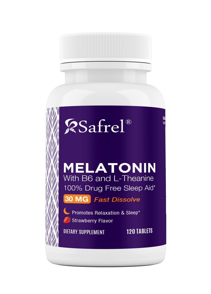 Safrel Melatonin 30mg - με B6 & L- Theanine - 120 δισκία ταχείας διάλυσης με Φυσικό Berry Flavor (2 δισκία Δόση = Μελατονίνη 60mg) (120 Count (Pack of 1))