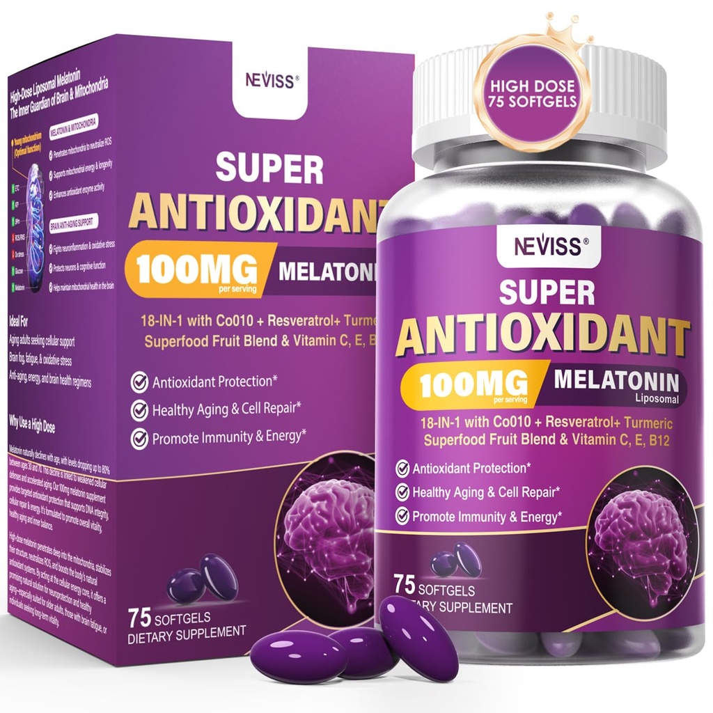 Melatonin 100mg for Antioxidant & Cognitive Health, Ultra High Dose Melatonin with CoQ10, Turmeric, Trans-Resveratrol, Vitamin B12 C E for Brain Anti-Aging, Cellular Repair and Energy, 75 Softgels