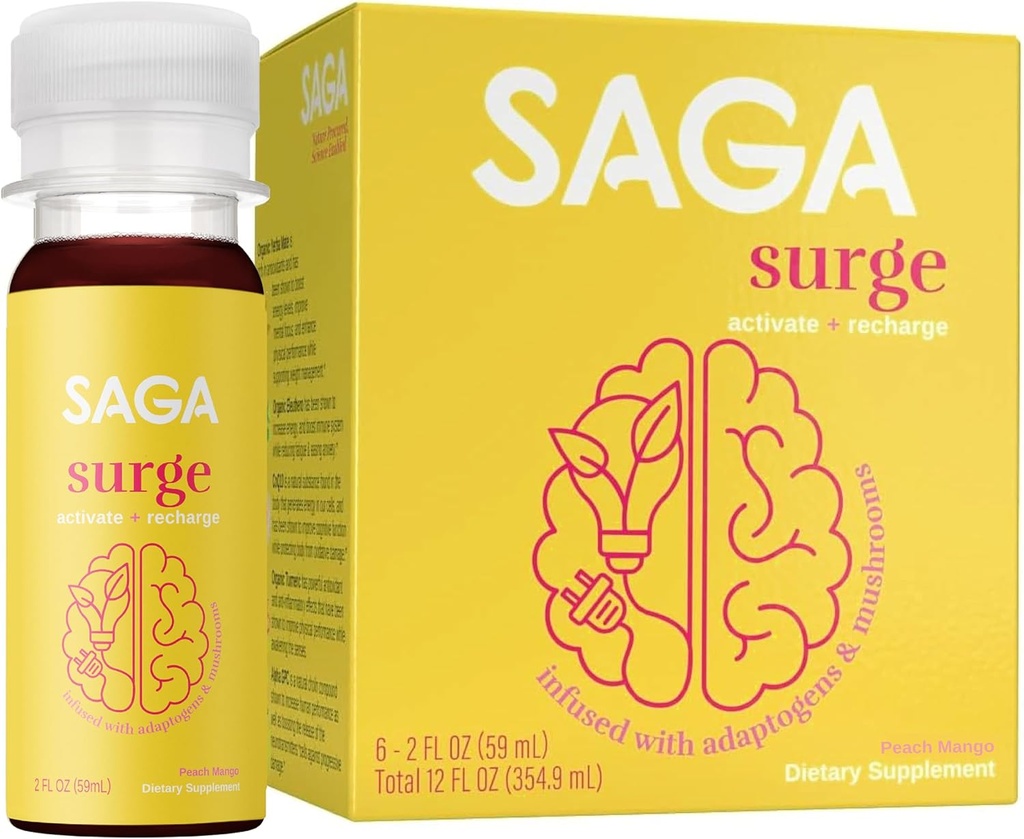 SAGA SURGE Organic Energy Shots | Performance Drink | Yerba Mate & Alpha GPC Supplement with CoQ10, Turmeric & Mushrooms | Pre Workout Boost Drink for Focus, Endurance & Performance | 2oz Peach Mango