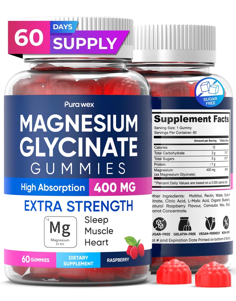 Μαγνήσιο Γλυκινικό Gummies 400mg, Υψηλής Απορρόφησης συμπλήρωμα μαγνησίου για γυναίκες, άνδρες και παιδιά, μυϊκή υποστήριξη και χαλάρωση, ζάχαρη δωρεάν, Vegan, 60 ημέρες προσφοράς