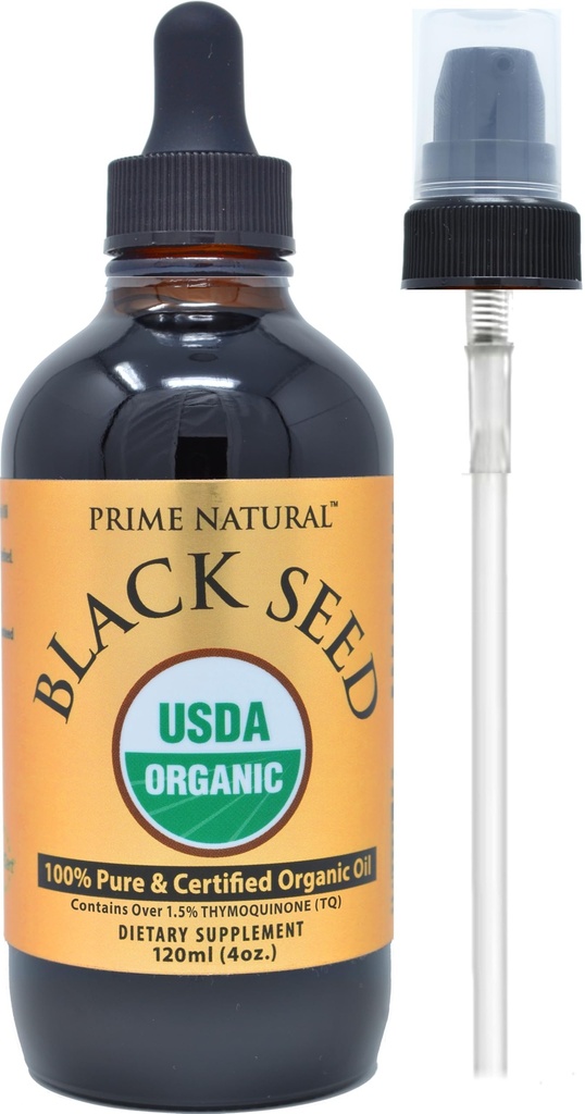 Prime Natural Organic Black Seed Oil 4oz - Cold Pressed Unrefined High Thymoquinone 1.7% USDA Certified - Turkish Origin Potent Nigella Sativa Liquid - Vegan Omega 3 6 9, Antioxidant