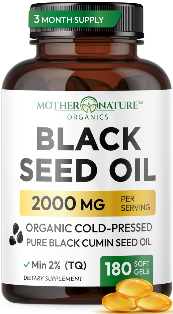 Black Seed Oil Capsules 2000mg ανά υπηρεσία, Βιολογικό κρύο Pressed Μαύρο Cumin, High TQ, ανοσοποιητική & κοινή υποστήριξη, 180 Count (3 Μήνας προσφοράς)