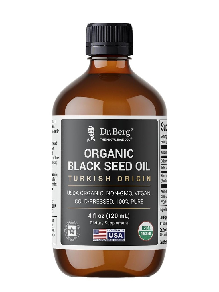 Dr. Berg Black Seed Oil Organic Cold Pressed – Pure Nigella Sativa Black Cumin Oil – USDA Organic, Hahal, Vegan – για μαλλιά, δέρμα, ανοσοποιητική υποστήριξη – Unrefined Liquid – 4 oz Γυάλινο μπουκάλι