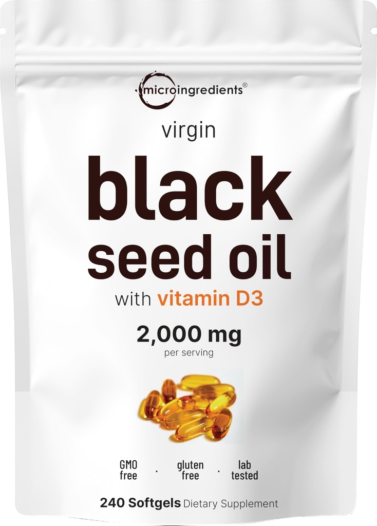Micro Ingredients Black Seed Oil with Vitamin D3 1000 IU, 240 Softgels | 2,000 mg Black Seed Oil Per Serving | Nigella Sativa Oil | 2-in-1 Unrefined Seed Oil Formula | Non-GMO, cGMP Manufactured