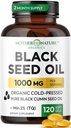 Black Seed Oil Capsules 1000 mg, Organik Cold Pressed Black Cumin, High TQ, Immune & Ortak Destek, 120 Kont (2 Ay Supply)