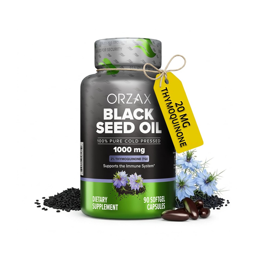 ORZAX Black Seed Oil Cold Pressed 100% Pure | Non-GMO - Omega 3 6 9 & Thymoquinone | Black Cumin Nigella Sativa Oil for Immune Support, Hair, Skin, Face (1000 mg - 90 Softgel Capsules)