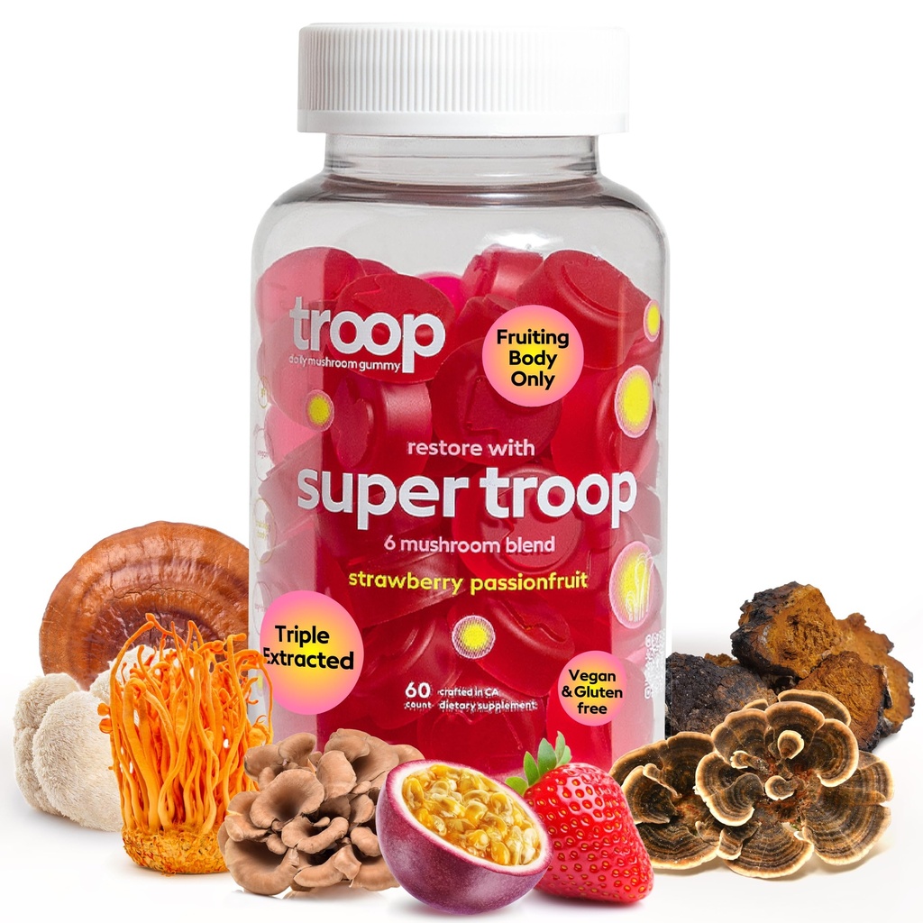 Troop Super 6 Mushroom Gummies – Immunity, Energy and Mood Boost – Triple-Extracted Fruiting Body – Vegan, 60 Count