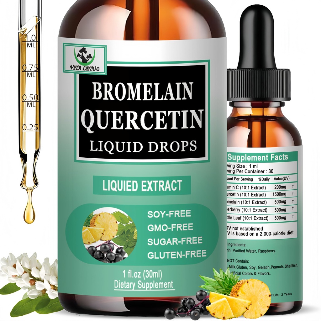 Quercetin Liquid Drops, Quercetin with Bromelain Elderberry Nettle Leaf Vitamin C Liquid Supplements, High Absorption Quercetin Liquid Drops for Women Men, Healthy Immune Antioxidant Support, Non-GMO