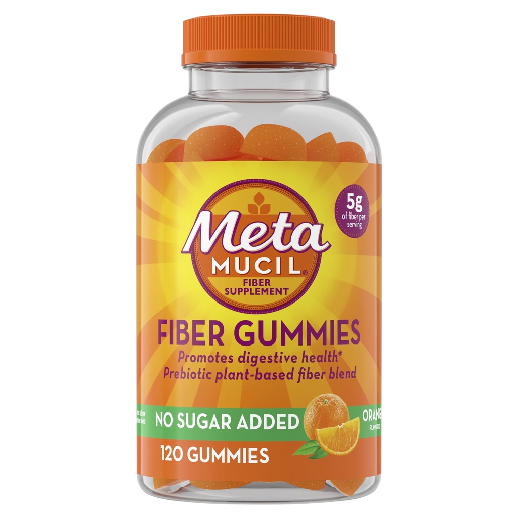 Yetişkinler için Metamucil Fiber Gummies, No Sugar Orange Flavor, 5g Prebiyotik Plant Based Fiber Supplement Meeting, 120 Count