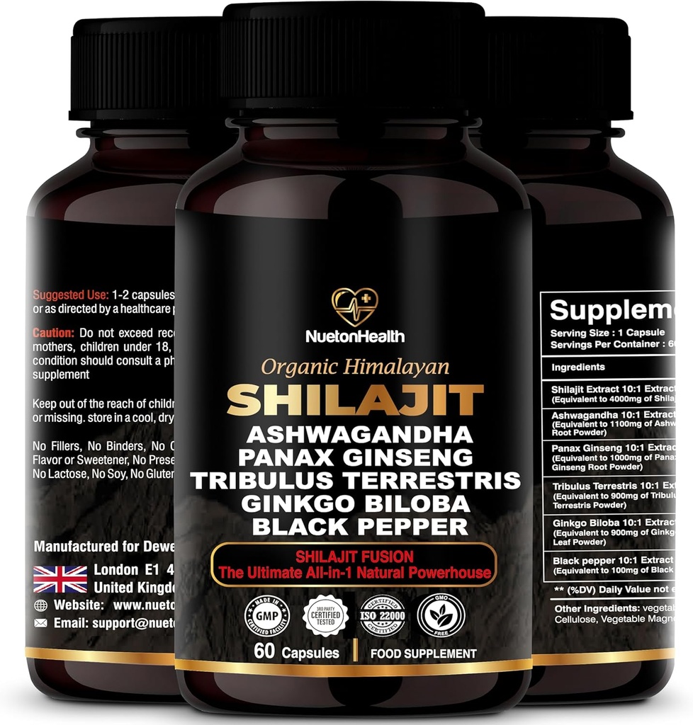 Κάψουλες Shilajit των Ιμαλαΐων με Ashwagandha, Ginseng, Tribulus, Ginkgo & Black Pepper – Vegan, Gluten-free Botanical Blend για την καθημερινή ευεξία & ζωτικότητα – 60 κάψουλες