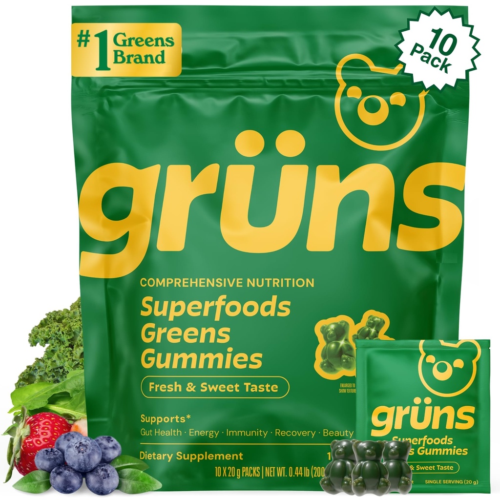 Gruns Adults Super Greens Gummies, Multivitamin Superfood Gummy Bears, Spirulina, Chlorella, Prebiotics & Fiber Gummies for Digestive Health, Adaptogens Supplement, 20 Βιταμίνες & Ορυκτά, 10 Count