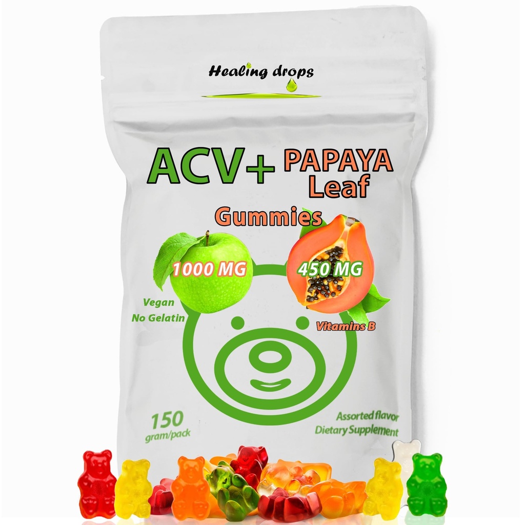 ACV Gummies & Papaya Leaf Extract Gummies - Premium Potent Apple Cider Vinegar Supplement - Iodine Infüzyon & Vitamins B6 B12 - Plalets Hair Skin & Heart Friendly (1, Düzenli)