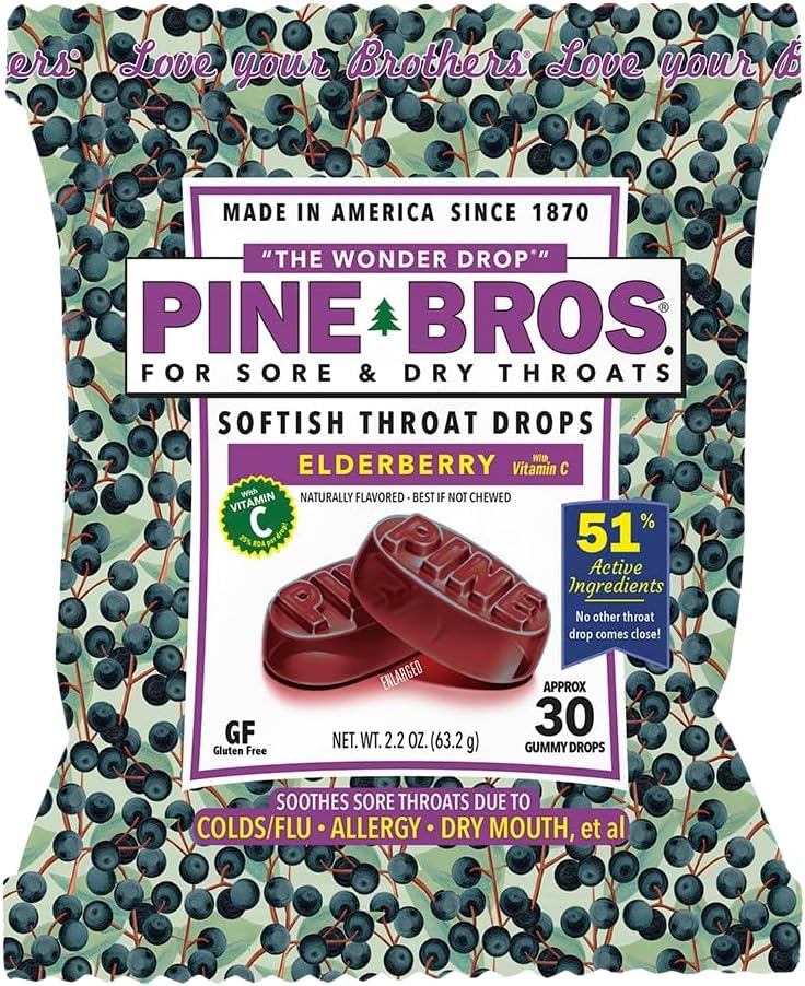 Pine Bros. Gummy Sore Throat Softish Drops 30 Kont (Approx) ( 1, Elderberry)