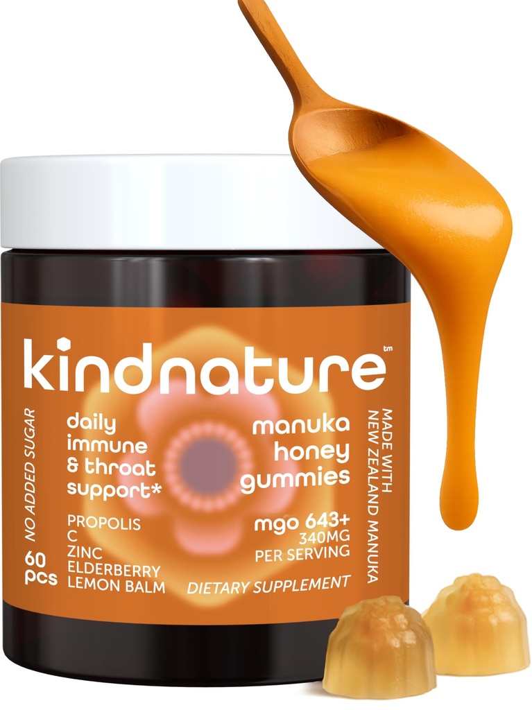 KINDN form Manuka Honey Medical Grade Gummies MGO 643+ - Yeni Zelanda Manuka Honey, çinko, C, Elderberry - Throat Comfort & Immune Support - Kids & Yetişkinler