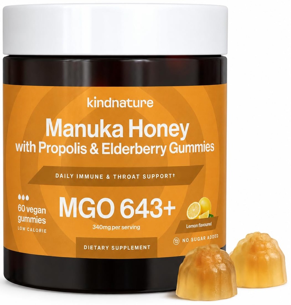 KINDN form Manuka Honey Medical Grade Gummies MGO 643+ - Yeni Zelanda Manuka Honey, çinko, C, Elderberry - Throat Comfort & Immune Support - Kids & Yetişkinler