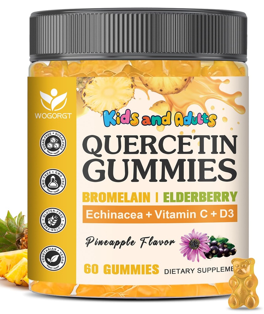 Bromelain Gummies for Kids & Yetişkinler - Immune & Mevsimlik Sağlık Desteği, Bromelain, çinko, Elderberry, C & D3 - Sugar Free, Pineapple Flavor, 60 Ct