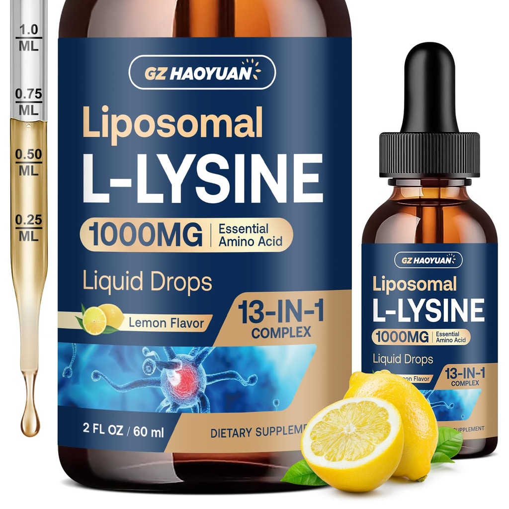 Liposomal L-lysine 1000MG Liquid Drops, 13-in-1 Lysine Supplements – Monolaurin, Olive Leaf Extract with Vitamin C, B6, D3, B12 & Çinko for Collagen, Lip, Skin & Immune Support for Kids & Yetişkinler, 2oz