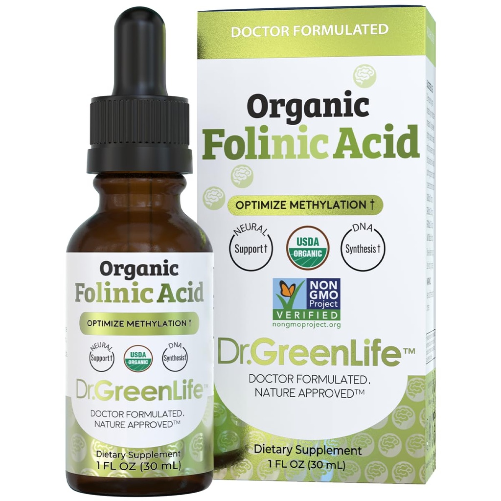 Dr. Green Mom USDA Organic Folinic Acid Drops - 500 mcg per Drop | Meyation Support B9 Supplements for Kids & Yetişkinler | Supports Neurology Function, Nervous System Health & DNA Synthesis