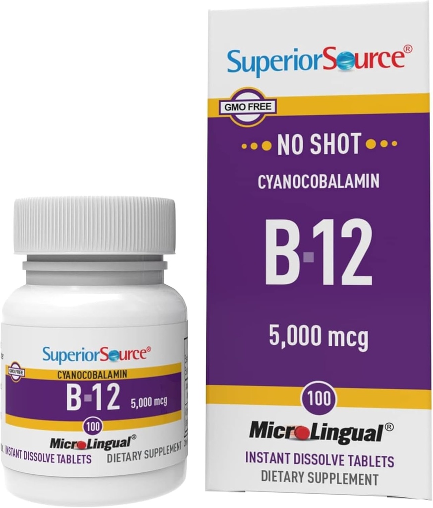 Üstün Kaynak No Shot Vitamin B-12 Cyanocobalamin 5000 mcg - Vitamin B-12 Enerji Üretimi, Beyin Sağlığı ve Genel Wellness - Sublingual Tabletler - 100 Dissolvable Tabletler - 100 Dissolvable Tabletler