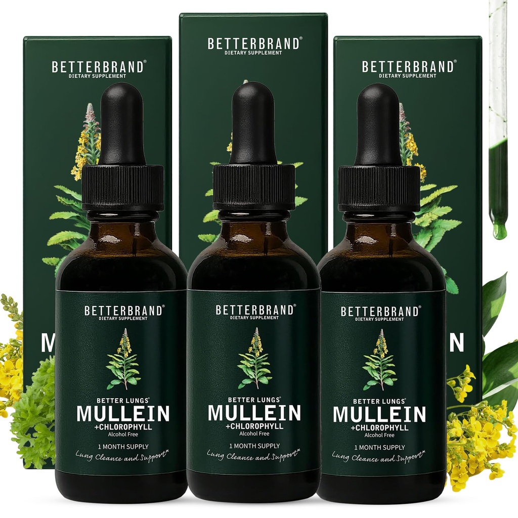 Betterbrand Mullein Lung Detox Drops (3-Pack), 60 ml Tutlein Leaf Tincture with Chlorophyll for Respiratory Health Support - Alkol Özgür - 3 Ay Supply