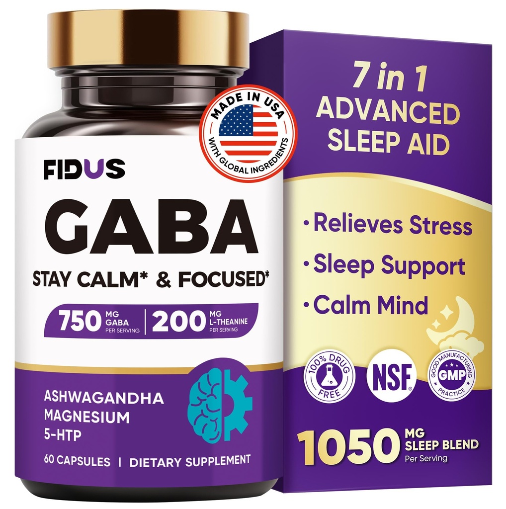 GABA L-Theanine Ashwagandha - 1050mg Blend - Κατασκευασμένο στις ΗΠΑ - Προηγμένη Βοήθεια Ύπνου & Ηρεμία- Μαγνήσιο, 5-HTP, Βιταμίνη B6 & B12, GABA (Gamma Aminobutyric Acid) Συμπλήρωμα - Μελατονίνη-ελεύθερο & μη-Habit Forming