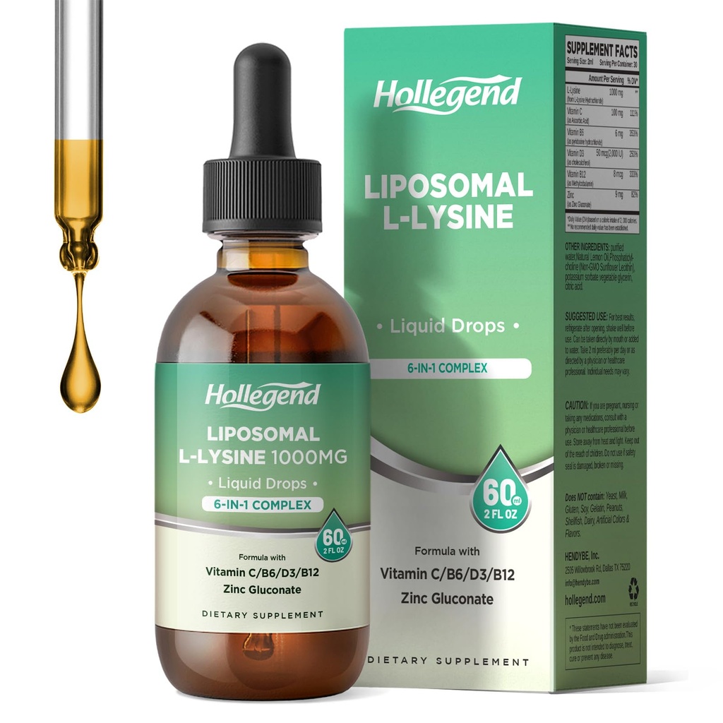 Liposomal L-lysine 1000MG Liquid Drops, C, B6, D3, B12 & çinko Gluconate, Skin & Lip Health, Immune & Collagen Production Support, Lemon Flavor, 2 fl oz